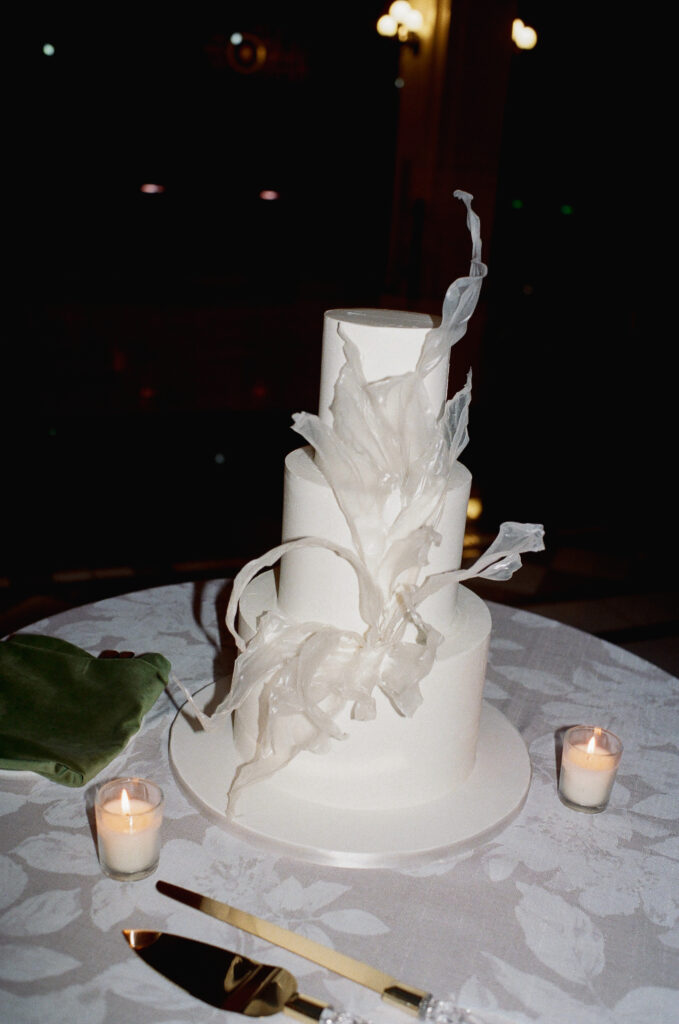 Reception details of cake at The Exchange in Chicago 