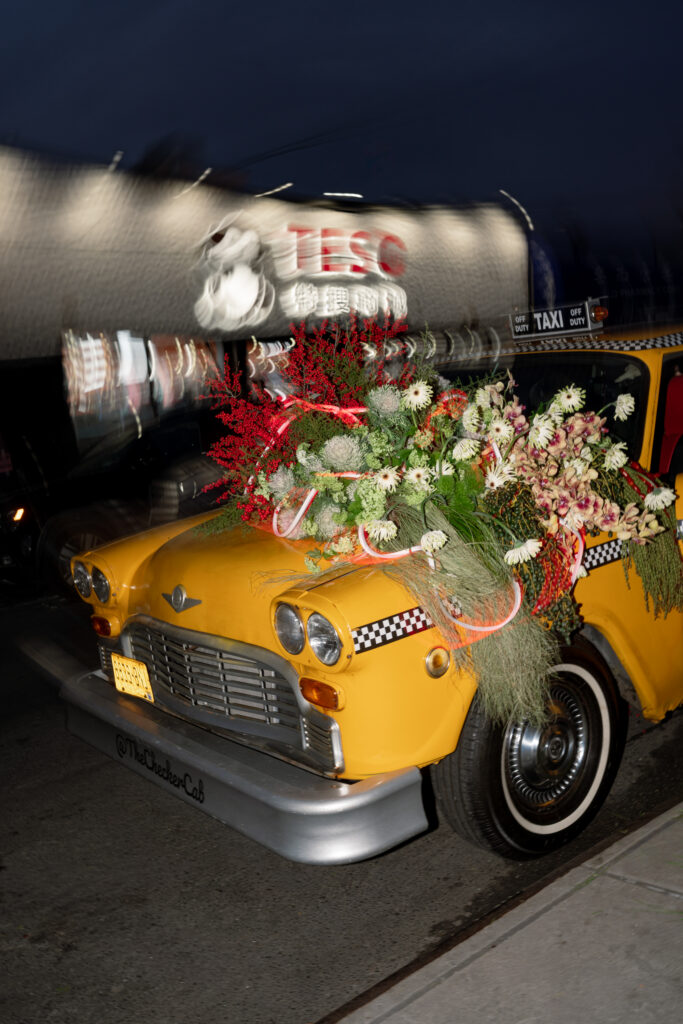 Brooklyn editorial engagement session yellow cab with Flower Disco floral design tomatoes