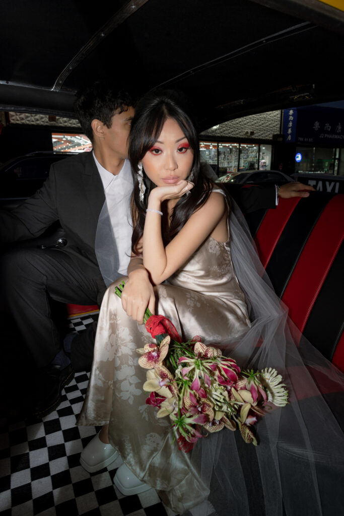 Brooklyn editorial engagement session high fashion couple inside taxi New York