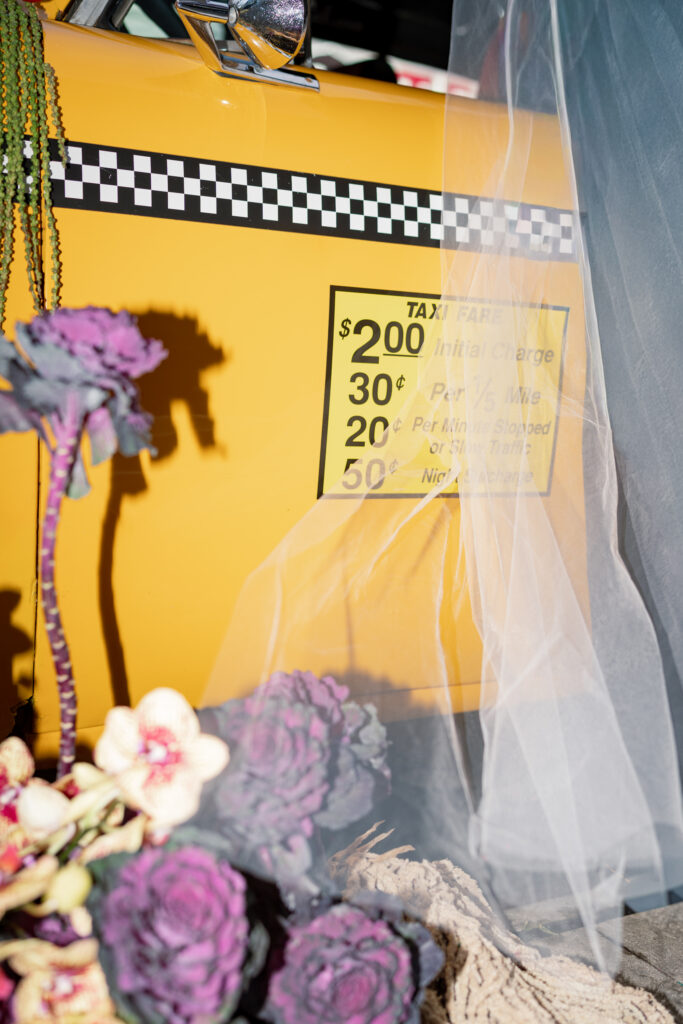 Brooklyn editorial engagement session creative floral taxi installation New York engagement