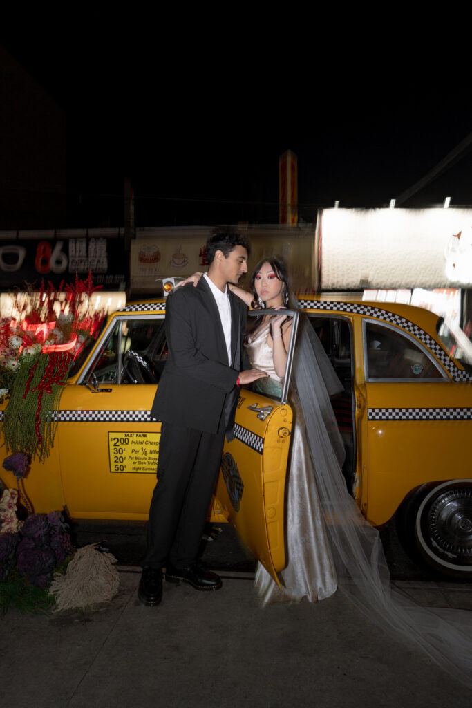 Brooklyn editorial engagement session night flash photography cinematic taxi scene
