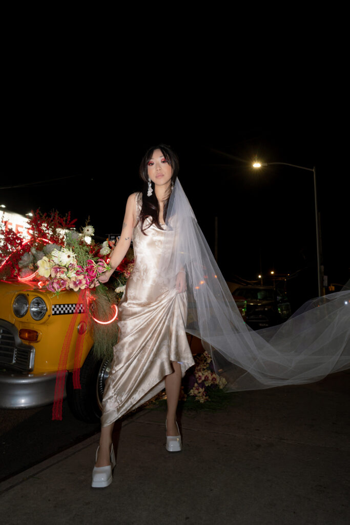Brooklyn editorial engagement session red eyeshadow bride high fashion NYC